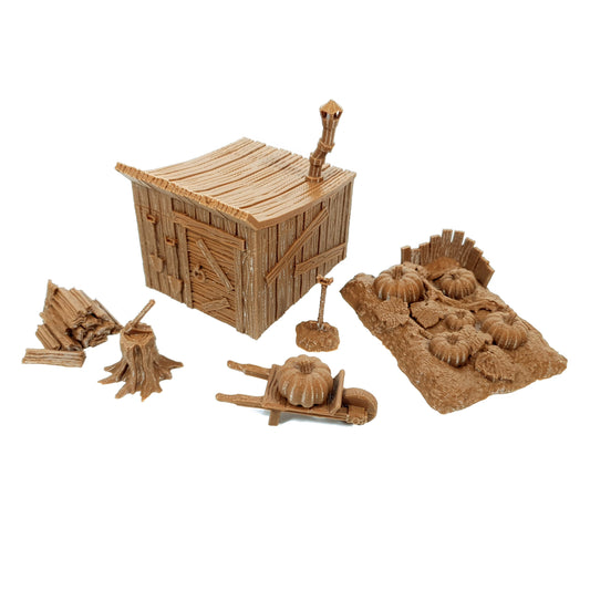 Tabletop Terrain Schuppen mit Garten | 28mm Fantasy Scenery für DnD, RPG und Wargaming